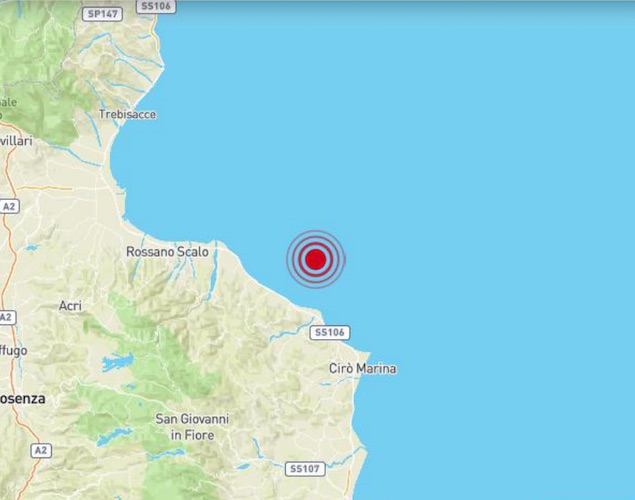 Terremoto di magnitudo 3.1 al largo della Costa Ionica Cosentina