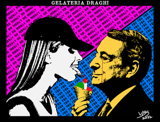 Gelateria “Draghi”, la nuova opera provocatoria dell’artista LBS