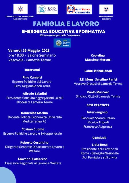 Lamezia. Il 26 maggio convegno su famiglia e lavoro organizzato da Acli, Acli Terra e Ucid 