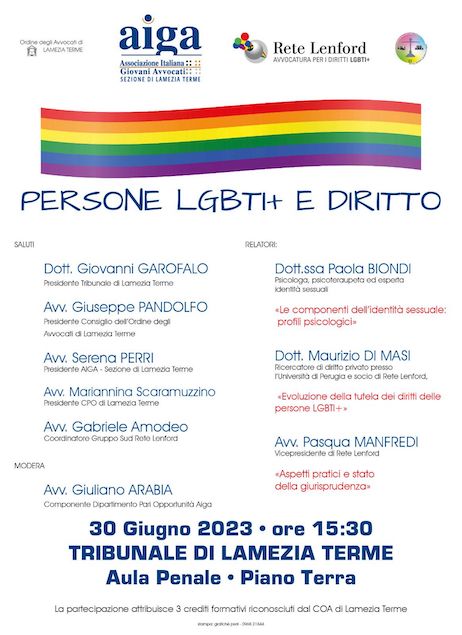 Lamezia. Il 30 giugno evento di formazione per avvocati e avvocate su “Persone LGBTI+ e Diritto”