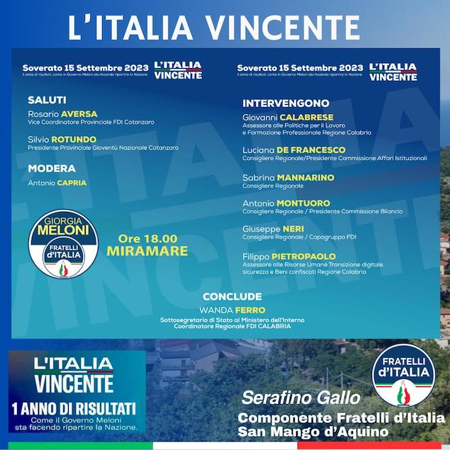 Soverato. Venerdì 15 settembre l'evento “L'Italia vincente”