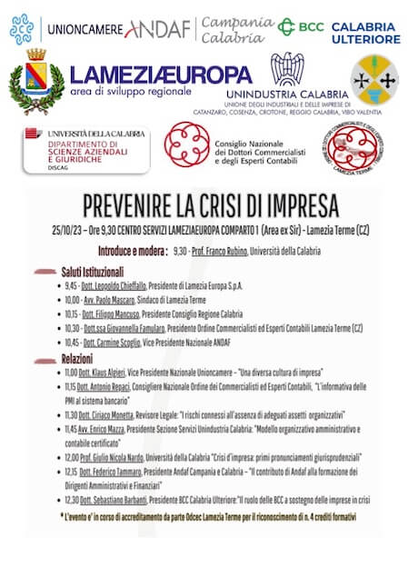 Lamezia. Il 25 ottobre convegno sul tema “Prevenire la Crisi di Impresa”