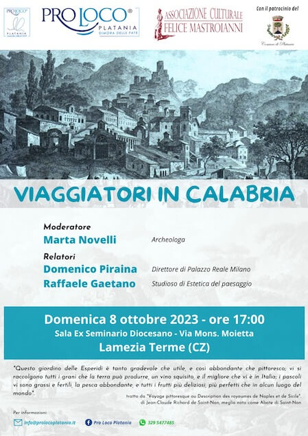 Platania. Domenica 8 ottobre il convegno "Viaggiatori in Calabria"