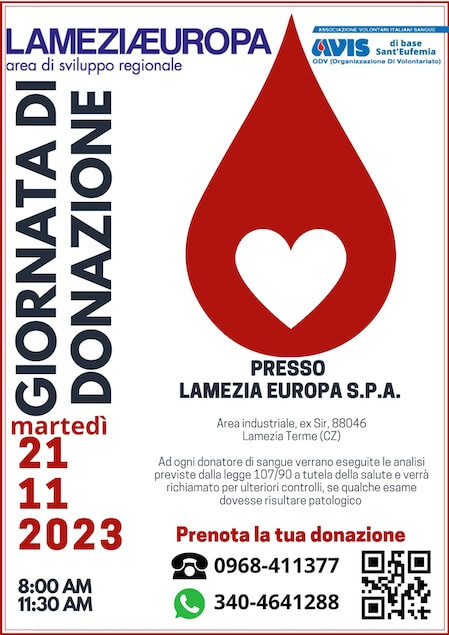 Lameziaeuropa: il 21 novembre giornata donazione Avis all'area industriale 