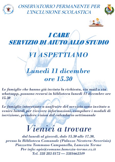 Lamezia. L'11 dicembre al via in biblioteca il servizio “I Care”