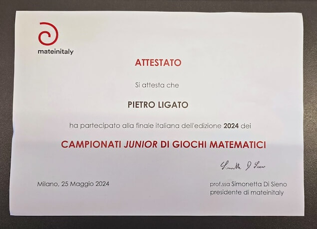 Il giovane Pietro Ligato di Falerna tra i venti vincitori ai Giochi Internazionali di Matematica alla Bocconi