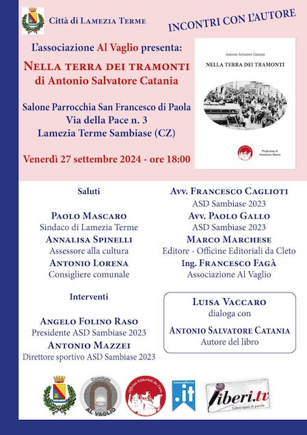 Lamezia. Il 27 settembre presentazione del libro "Nella terra dei tramonti" di Antonio Catania