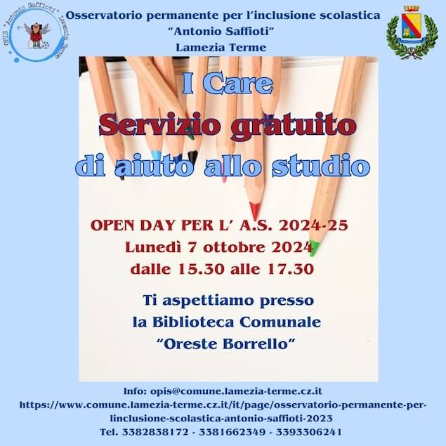 Lamezia. Il 7 ottobre open day servizio gratuito di aiuto allo studio I Care