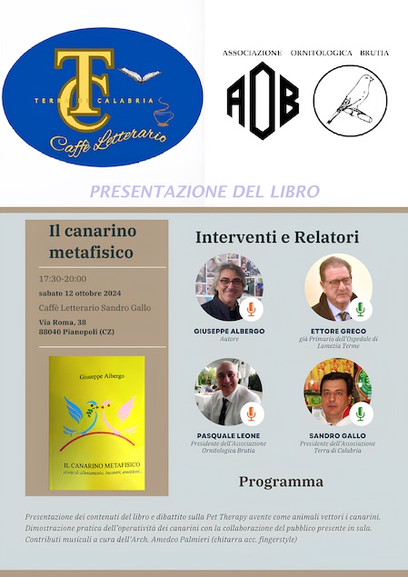 Pianopoli (CZ). Il 12 ottobre presentazione del libro di Giuseppe Albergo "Il canarino metafisico"