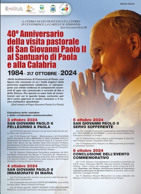 Reliquie di S. Giovanni Paolo II del Santuario di Cardolo a Paola per i 40 anni della visita del Pontefice