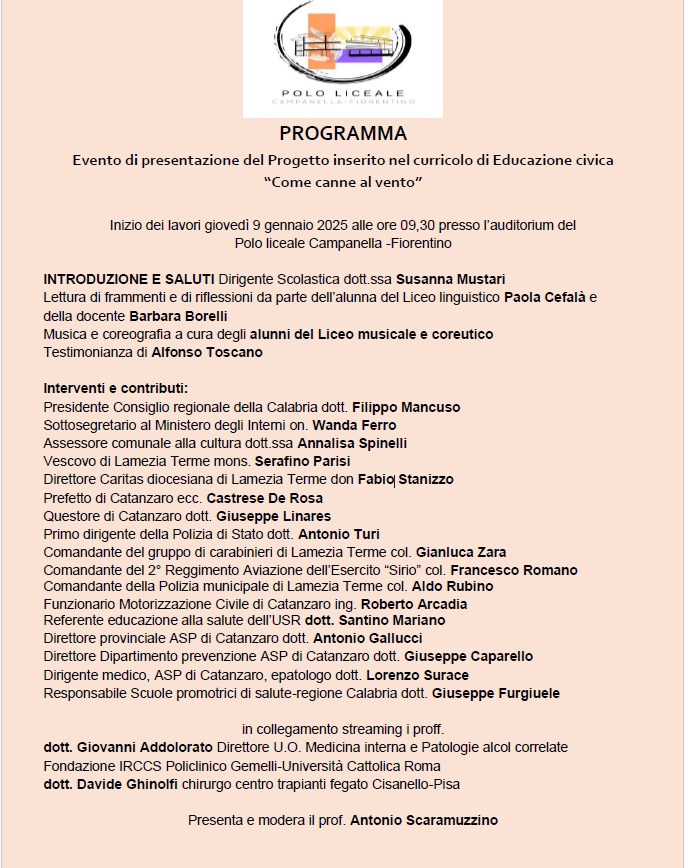 Lamezia. Polo liceale “Campanella Fiorentino”, il 9 gennaio presentazione progetto "Come canne al vento"